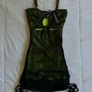 NEW WITH TAGS dollskill green and black ruched mini dress